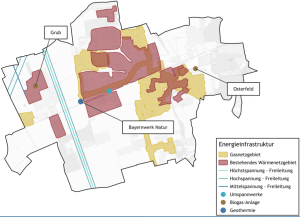 Abb.: bestehendes Gasnetz (hellgrau) und Wärmenetz (dunkel) in Poing